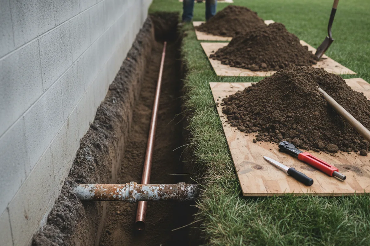 Excavated water line trench during Sewer Line Repair in Munfordville